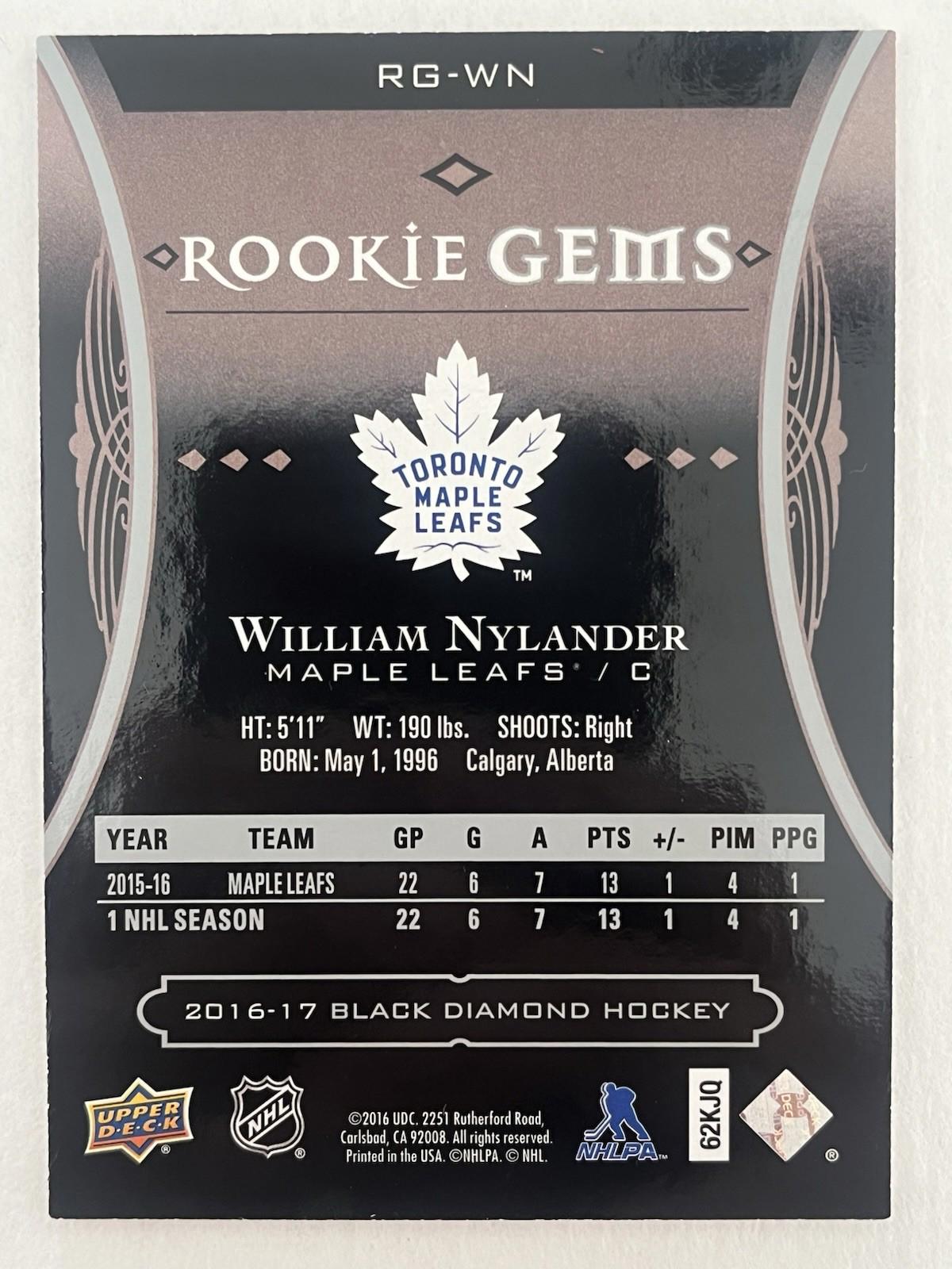2016-17 Black Diamond William Nylander Rookie Gems Pure Black RC /25 Rare #RG-WN