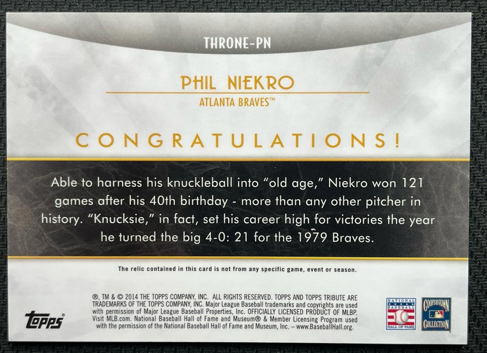 2014 Topps Tribute Phil Niekro 1/1 One of One Game Used Patch Relic Braves NM