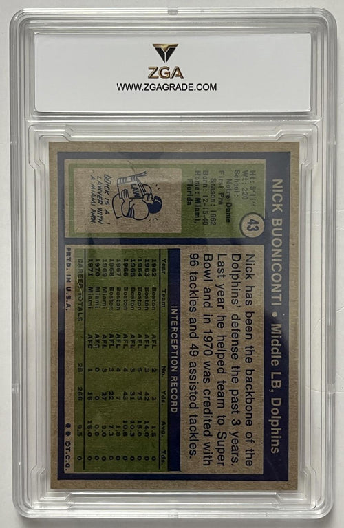 1972 Topps Nick Buoniconti #43 Miami Dolphins HOF ZGA 9 MT-NM Slab High Grade